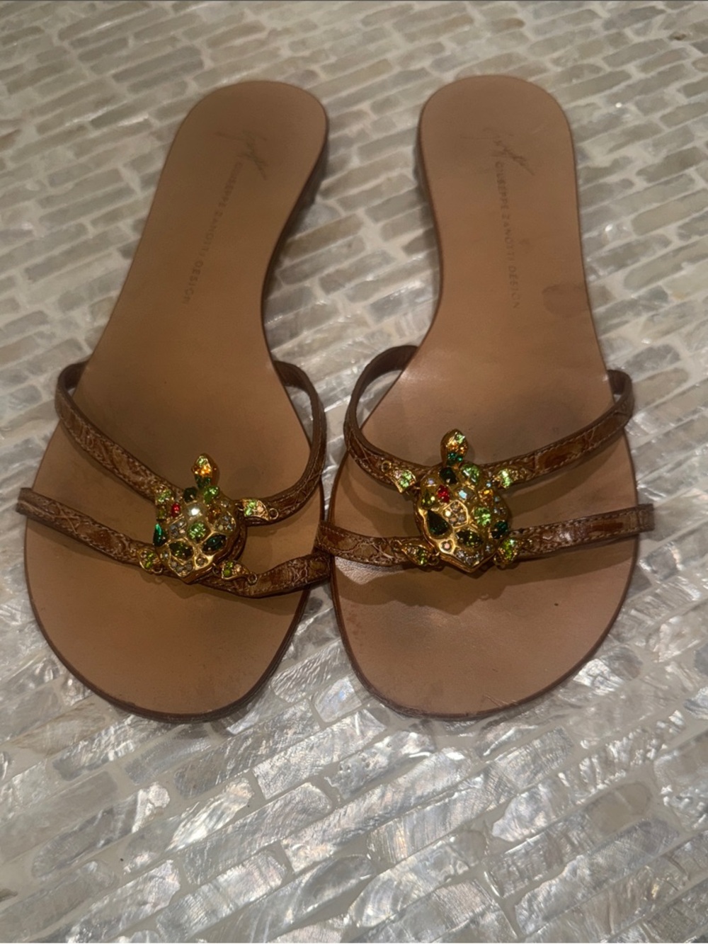 Giuseppe Zanotti Brown Leather Slide Sandals with Jeweled Animal Motif